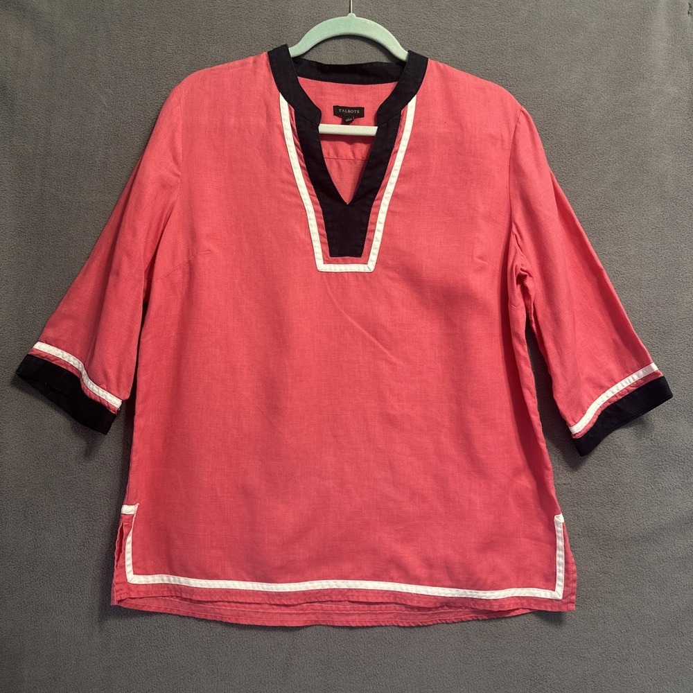 Talbots Linen Tunic Top Size M Pink‎ Colorblock Coastal Beach Resort Cruise